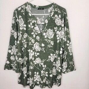 Papermoon Womens Floral Blouse Size 2X Green White Boho Cottagecore Top